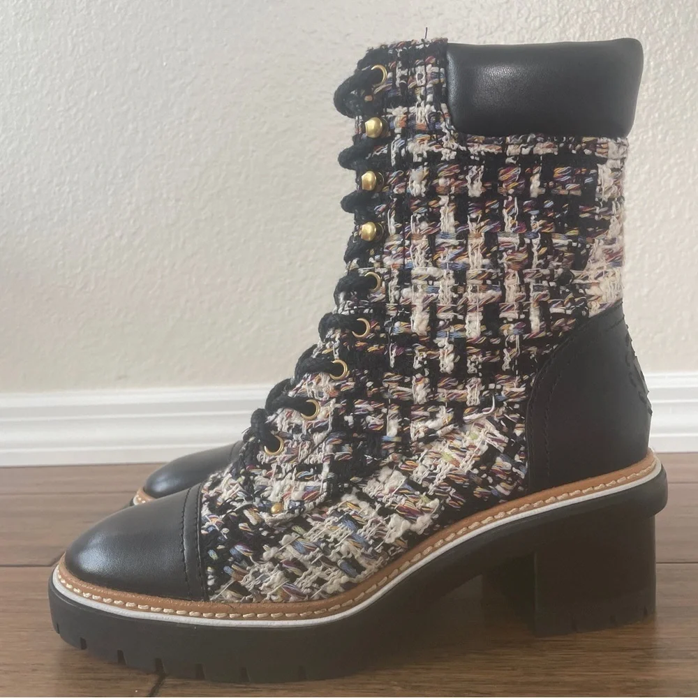 Tory Burch tweed combat boots fall boots winter boots lace up boots black bootie